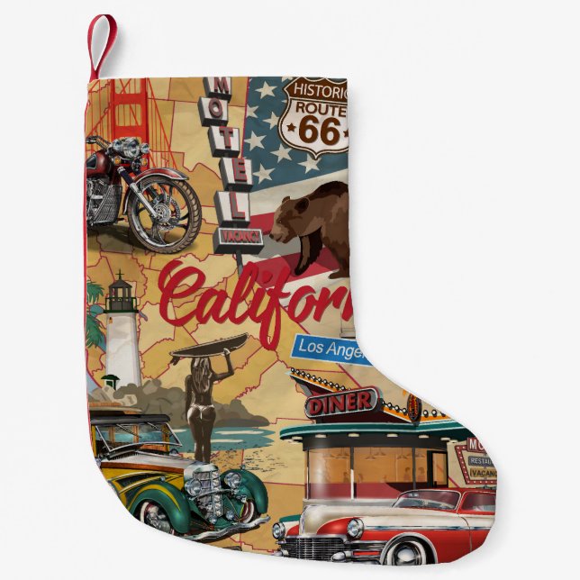 Vintages Kalifornien: Touristenattraktionen Karte. Kleiner Weihnachtsstrumpf (Vorderseite)