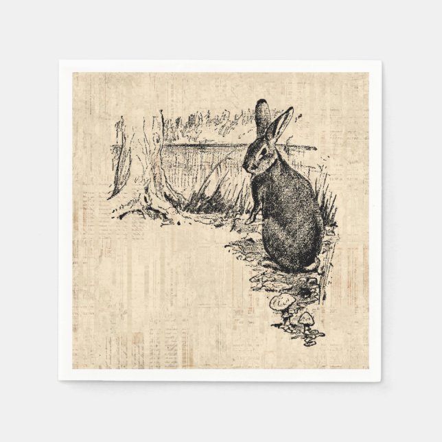 Vintages Kaninchen Illustriert Bunny Art Serviette (Vorderseite)