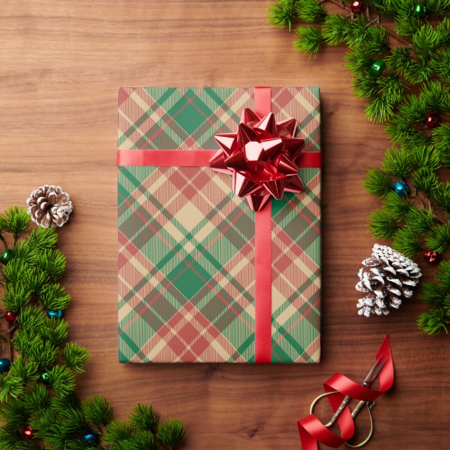 Vintages kariertes, rotes Beigetötchen Weihnachten Geschenkpapier (Feiertagsgeschenk)