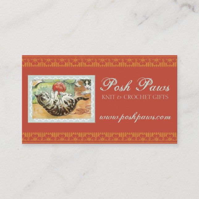 Vintages Katzenkätzchen, das strickende Visitenkarte (Vorderseite)