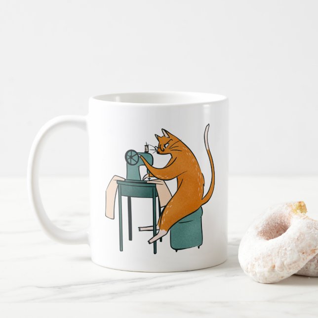 Vintages Katzennähen Kaffeetasse (Mit Donut)