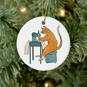 Vintages Katzennähen Keramik Ornament