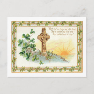 Vintages Keltisches Kreuz und Kleeblätter Postkarte