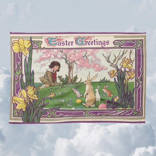 Vintages Kind auf einer Eizelljagd mit Tieren Geschirrtuch (Von Creator hochgeladen)