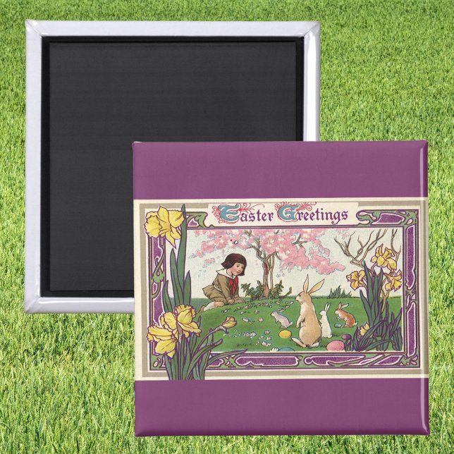 Vintages Kind auf einer Eizelljagd mit Tieren Magnet (Von Creator hochgeladen)