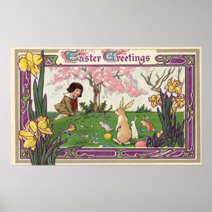 Vintages Kind auf einer Eizelljagd mit Tieren Poster