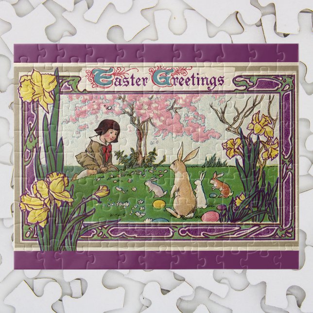 Vintages Kind auf einer Eizelljagd mit Tieren Puzzle (Von Creator hochgeladen)