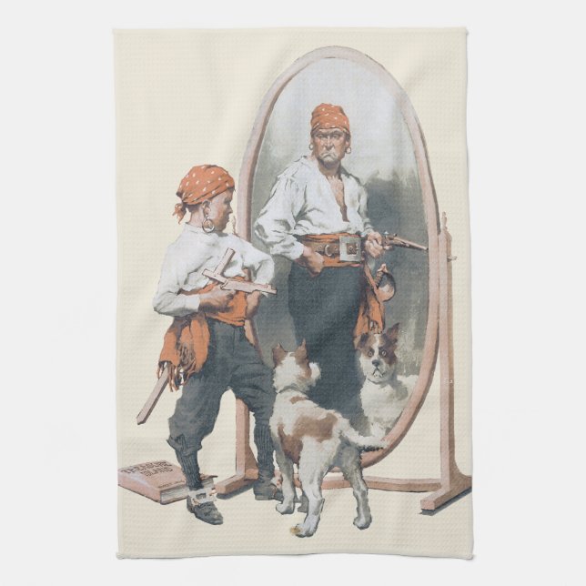 Vintages Kind, Boy Pirate, Hund, Spiegel, Bukcanee Geschirrtuch (Vertikal)