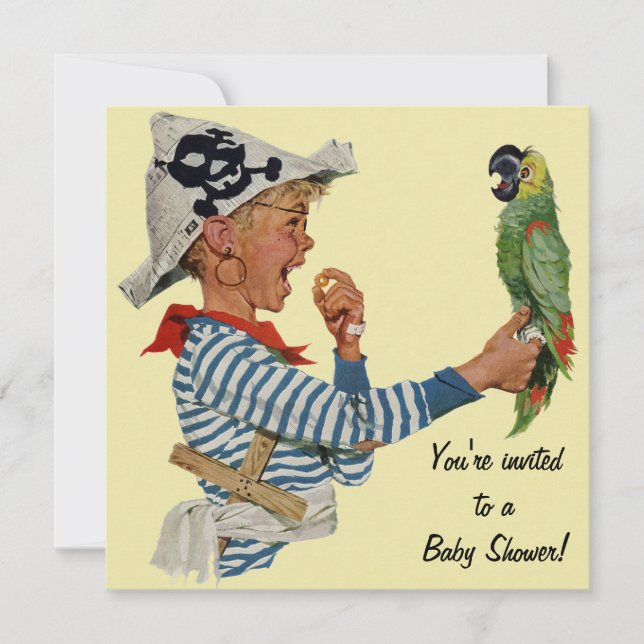 Vintages Kind, Boy Pirate Parrot Bird, Babydusche Einladung (Vorderseite)