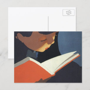 Vintages Kind, das ein Buch aus der Bibliothek lie Postkarte