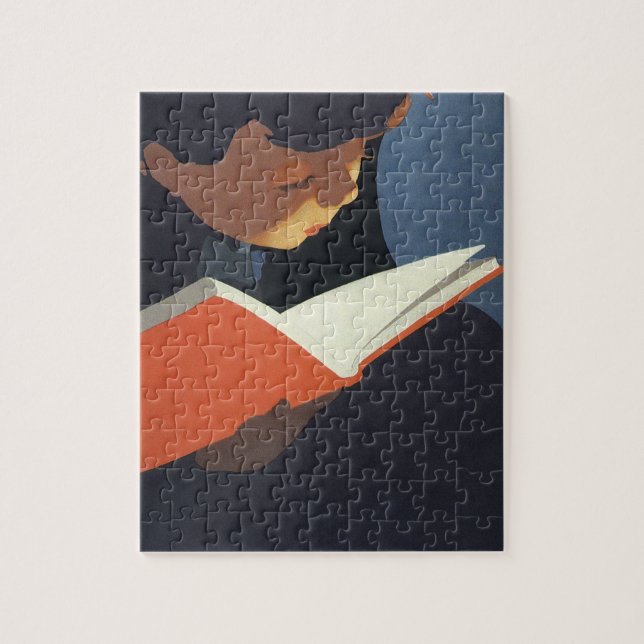 Vintages Kind, das ein Buch aus der Bibliothek lie Puzzle (Vertikal)
