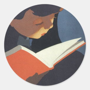 Vintages Kind, das ein Buch aus der Bibliothek lie Runder Aufkleber