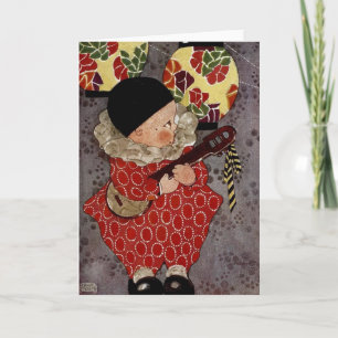 Vintages Kind Harlequin, Musiker spielt Banjo Karte