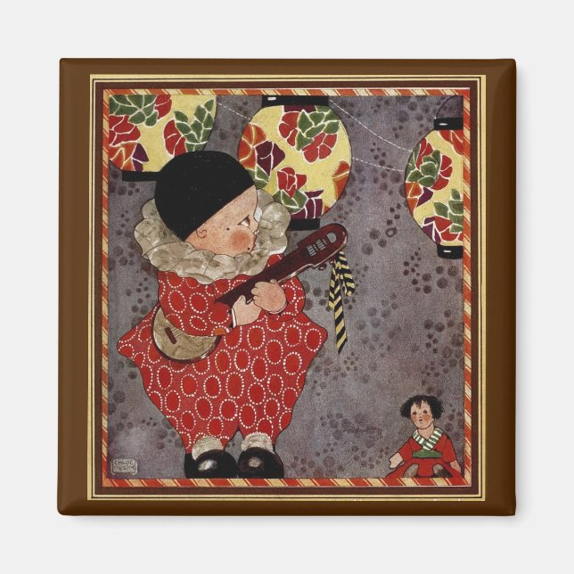 Vintages Kind Harlequin, Musiker spielt Banjo Magnet (Vorne)