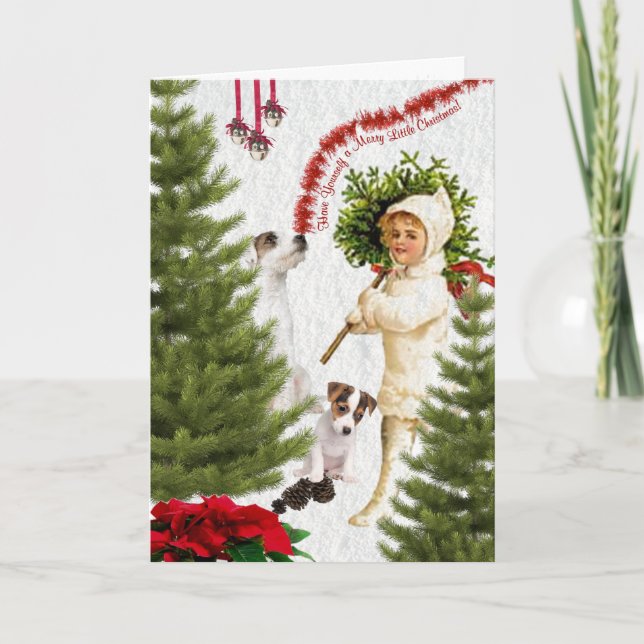 Vintages Kind & Jack Russell Frohe Weihnachten (Vorderseite)