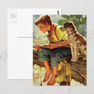 Vintages Kind, Junge, der mit seinem Haustier Hund Postkarte