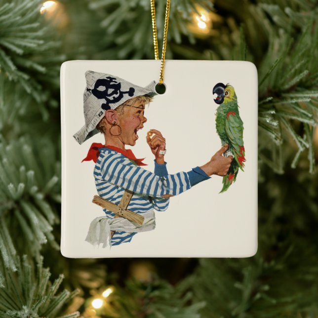 Vintages Kind, Junge Pirat Parrot Bird Keramikornament (Baum)