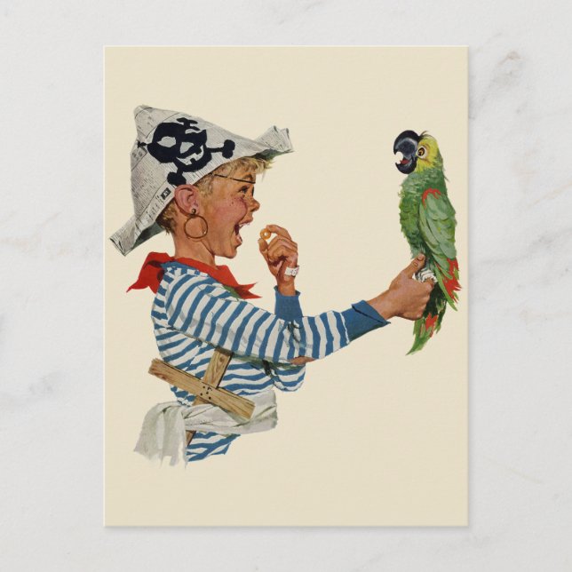 Vintages Kind, Junge Pirat Parrot Bird Postkarte (Vorderseite)