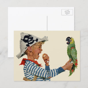 Vintages Kind, Junge Pirat Parrot Bird Postkarte