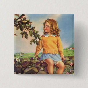 Vintages Kind, Mädchen beobachten Vögel im Baum, F Button