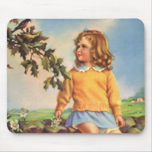 Vintages Kind, Mädchen beobachten Vögel im Baum, F Mousepad