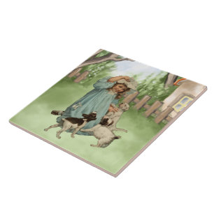 Vintages Kind mit frischen Hunden Fliese