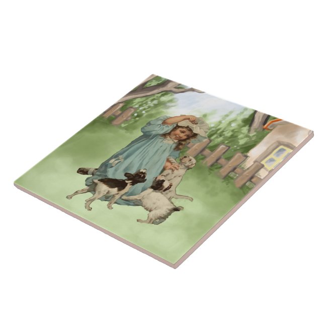 Vintages Kind mit frischen Hunden Fliese (Seite)