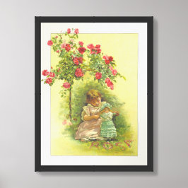 Vintages Kind mit Puppe und Rose Storybook Seite Poster