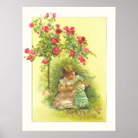 Vintages Kind mit Puppe und Rose Storybook Seite