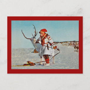 Vintages Kind mit Rentier Postkarte