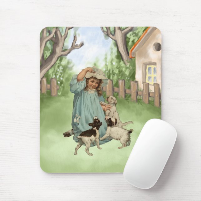 Vintages Kind mit Terrier Hunden Mousepad (Mit Mouse)