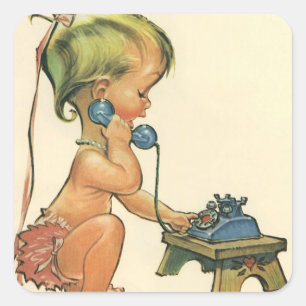 Vintages Kind Niedlich Blond Girl spricht auf Spie Quadratischer Aufkleber