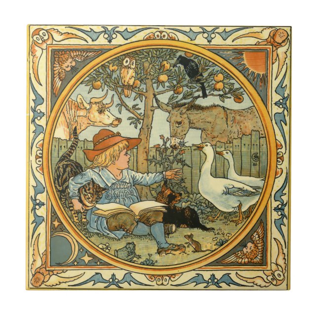 Vintages Kind und Tiere von Walter Crane Fliese (Vorderseite)