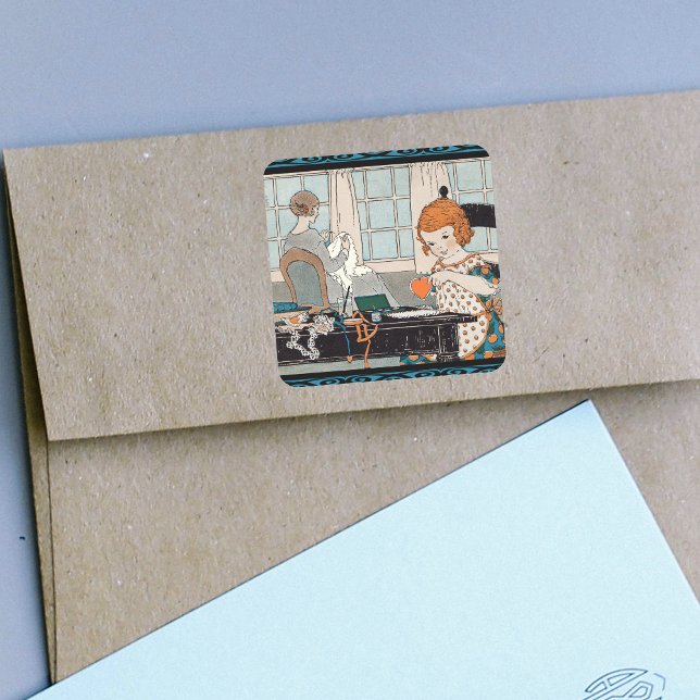 Vintages Kind Valentine Quadratischer Aufkleber (vintage girl making Valentine hearts for mother on square stickers.)