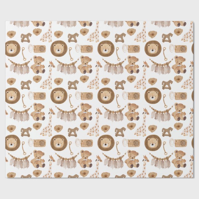 Vintages Kinderspielzeug, Löwe, Bär, Rockpferd Geschenkpapier (Saum)