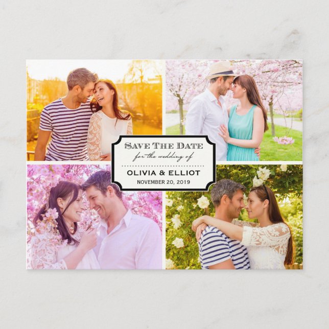 Vintages klassisches Buchzeichen Vier Foto Save th Ankündigungspostkarte (Vorderseite)