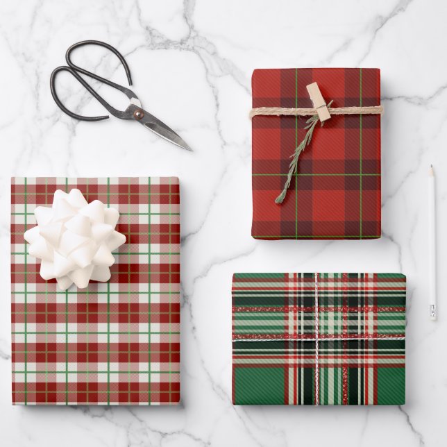 Vintages klassisches Tartan Kariertes Weihnachtspa Geschenkpapier Set (Vorderseite)