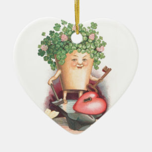 Vintages Kleeblatt Herz und St. Patrick's Day Keramik Ornament