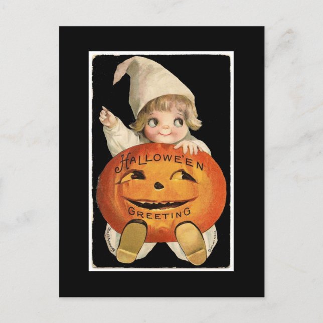 Vintages kleines Mädchen mit großem Halloween-Kürb Postkarte (Vorderseite)