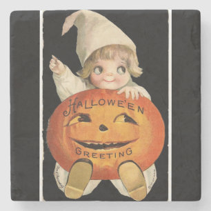 Vintages kleines Mädchen mit großem Halloween-Kürb Steinuntersetzer
