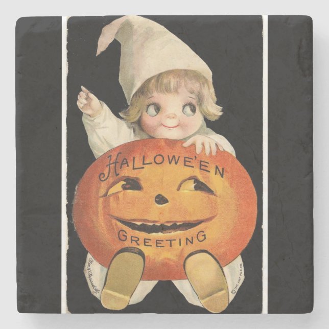 Vintages kleines Mädchen mit großem Halloween-Kürb Steinuntersetzer (Vorderseite)