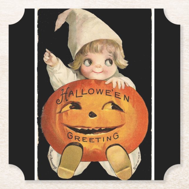 Vintages kleines Mädchen mit großem Halloween-Kürb Untersetzer (Vorderseite)