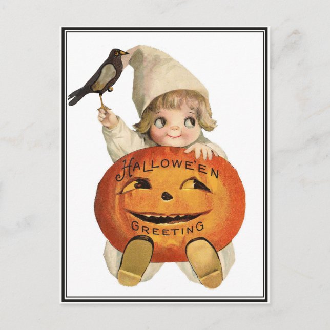 Vintages Kleinkind mit Raven & Pumpkin Halloween Postkarte (Vorderseite)