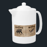 Vintages Kodiak-Lachs-Label<br><div class="desc">Ein Label aus einer Dose des mythischen Kodiak Brand Sockeye Lachs um 1879. Das monochrome (braune) Bild zeigt einen Kodiak Bär (Ursus arctos middendorffi) und einen Sockeye Lachs (Oncorhynchus nerka). Text mit dem Titel "Kodiak Brand Sockeye Salmon" und weitere Informationen über die mythische Afognak Packing Company und wie man den...</div>