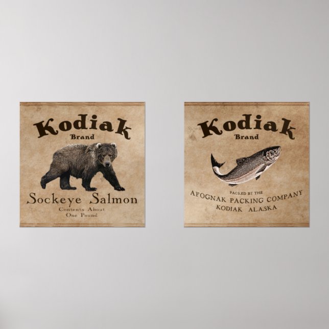 Vintages Kodiak-Lachs-Label Bilderwand Sets (Vorderseite)