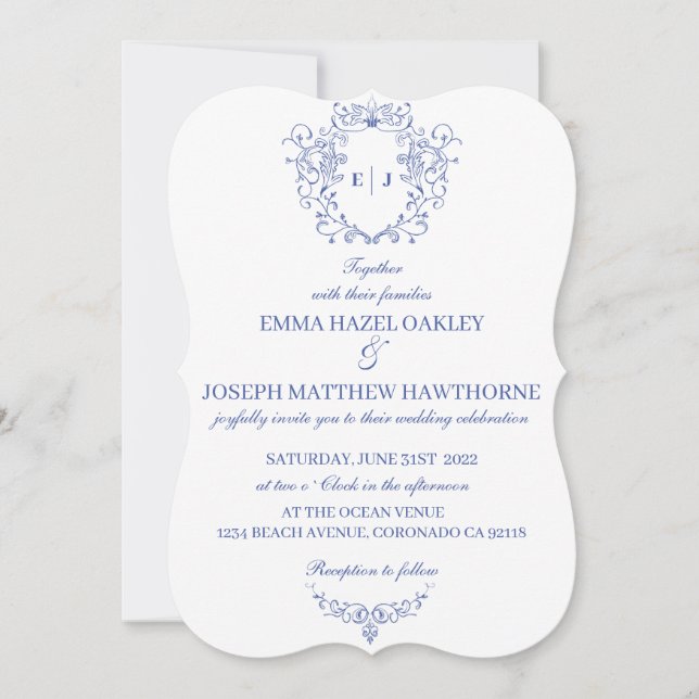 Vintages königliches Wappen pastellblau Hochzeit Einladung (Vorderseite)