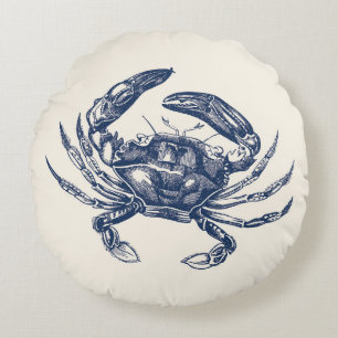 Vintages Krabben-Illustrations-Marine-Blau auf Rundes Kissen