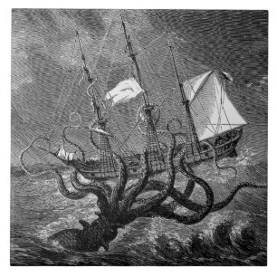 Vintages Kraken-Riesen-Tintenfisch-Monsterschiff-P Fliese
