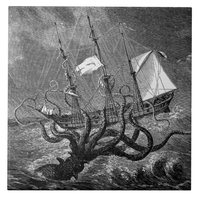 Vintages Kraken-Riesen-Tintenfisch-Monsterschiff-P Fliese (Vorderseite)