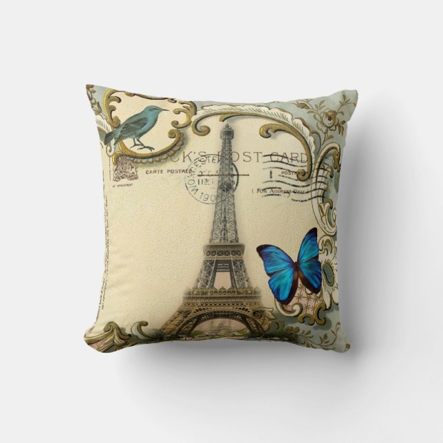 Vintages Kunst nouveau blauer Turm Wirbelsparis Kissen (Vorderseite)